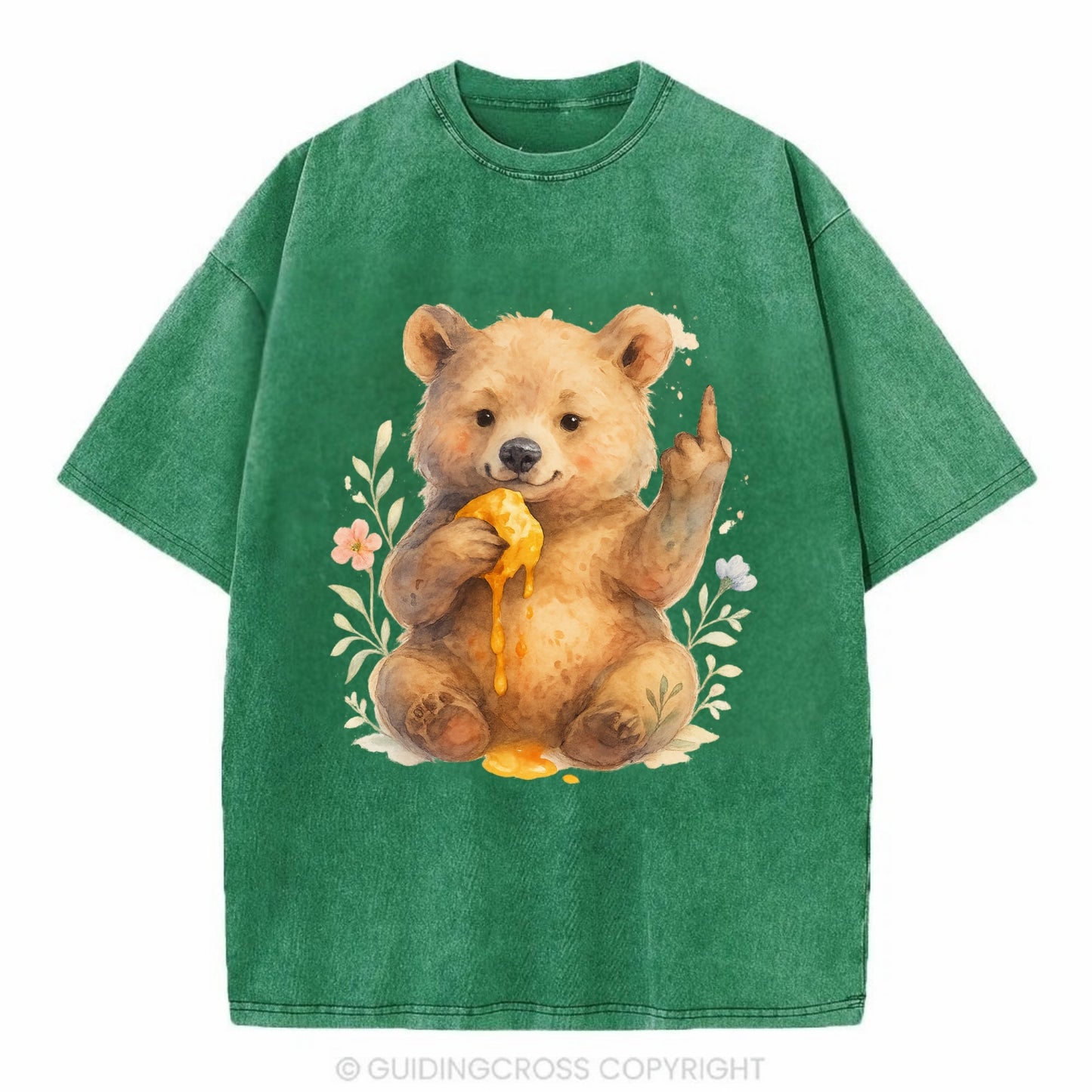 chubby bear cub eating dripping honey, sticky paw up with middle finger - Vintage T-shirt - Forest Mist(Green)