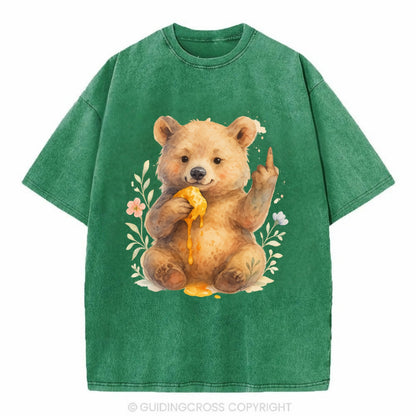 chubby bear cub eating dripping honey, sticky paw up with middle finger - Vintage T-shirt - Forest Mist(Green)