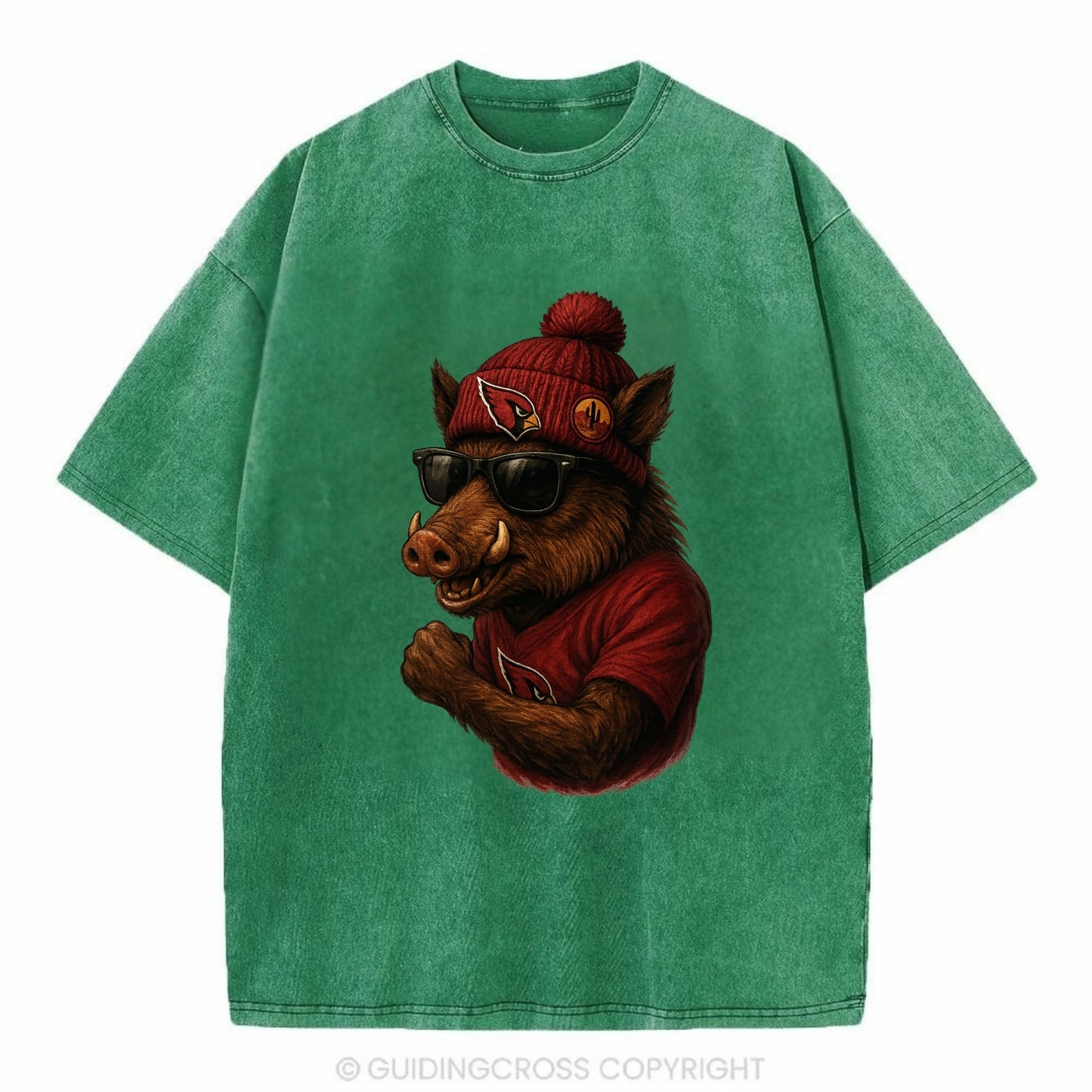 Arizona Javelina wearing Cardinals beanie with desert patch and wayfarer - Vintage T-shirt - Forest Mist(Green)
