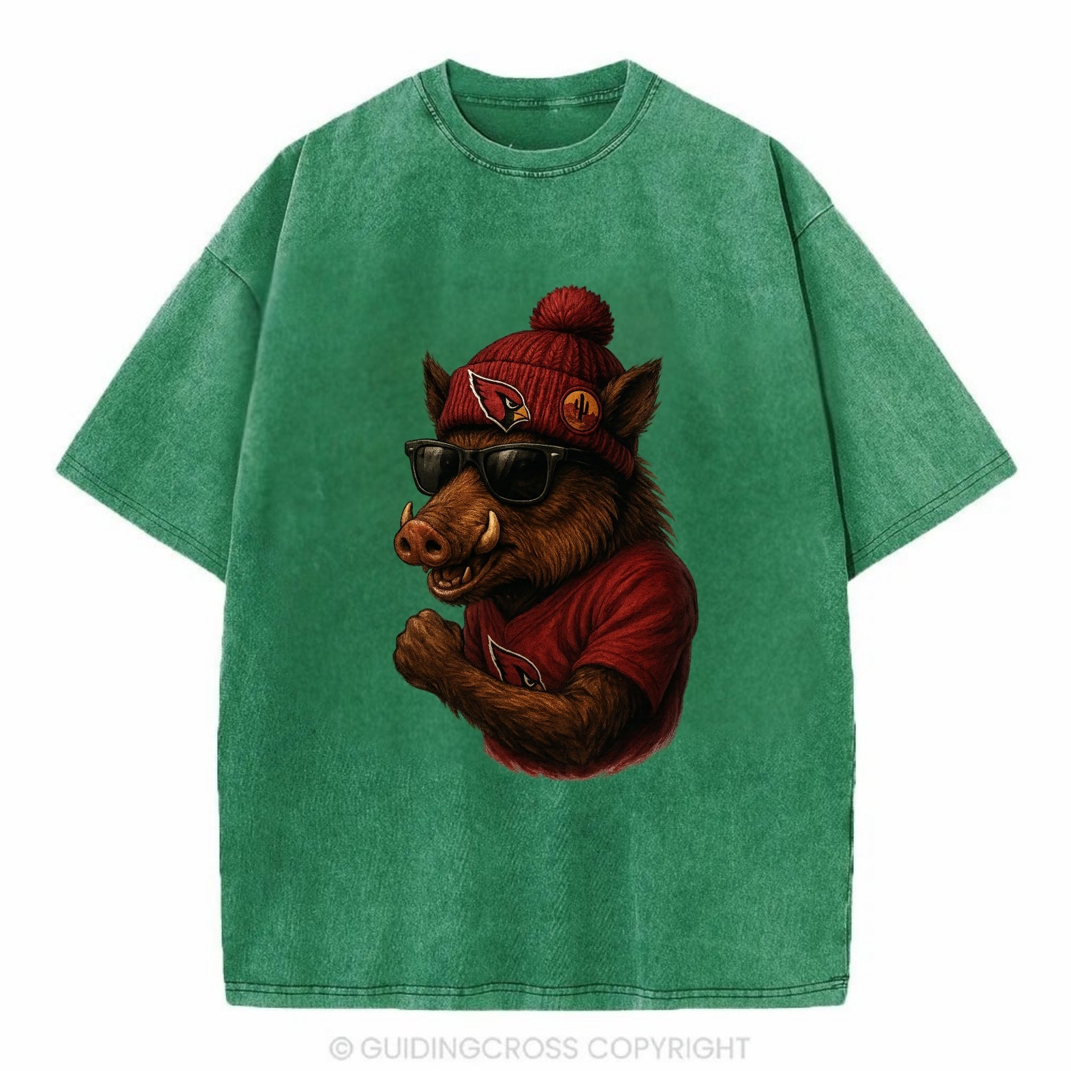 Arizona Javelina wearing Cardinals beanie with desert patch and wayfarer - Vintage T-shirt - Forest Mist(Green)