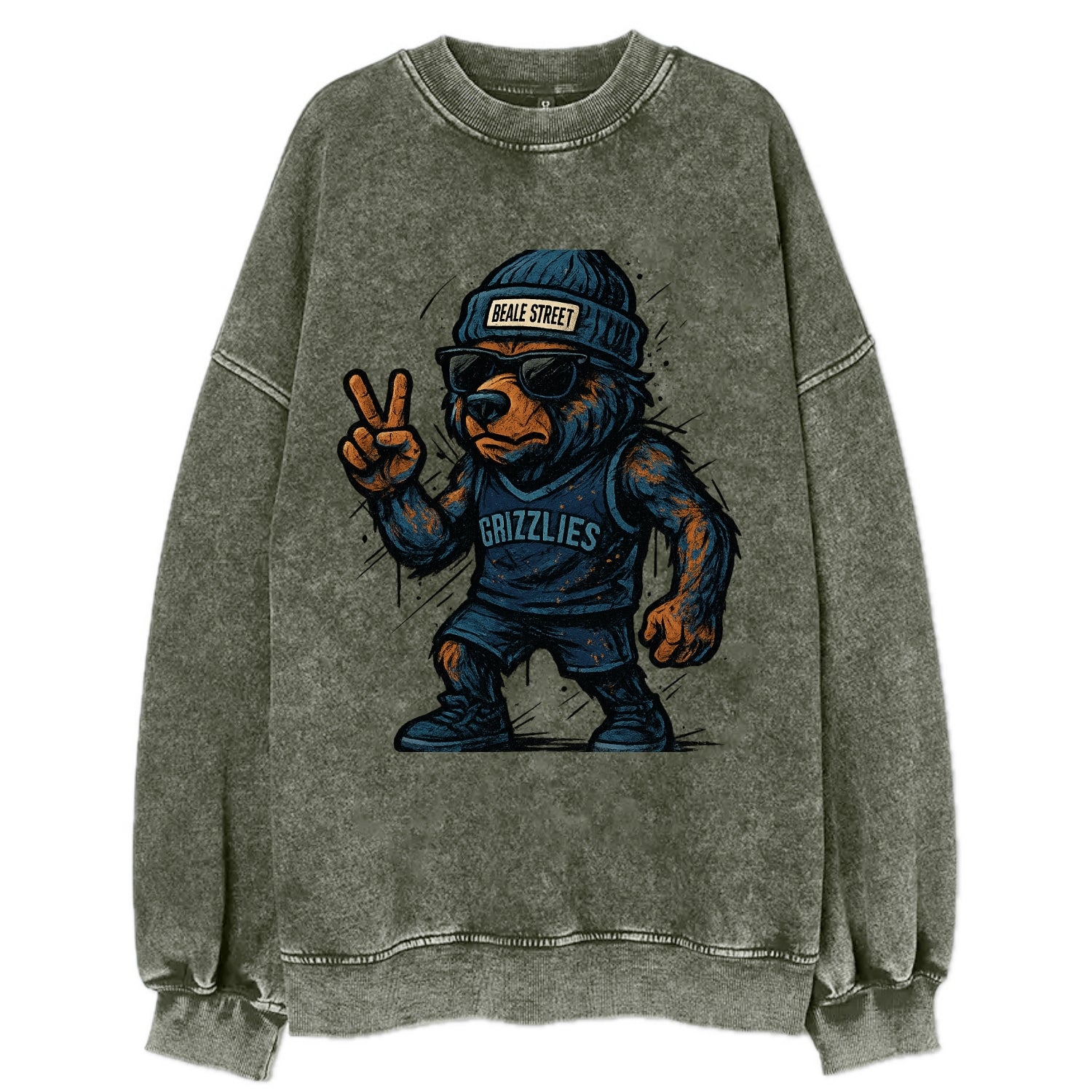 Memphis Grizzly Bear wearing Grizzlies navy and light blue beanie with Beale - Vintage Sweatshirt - Forest Mist(Green)