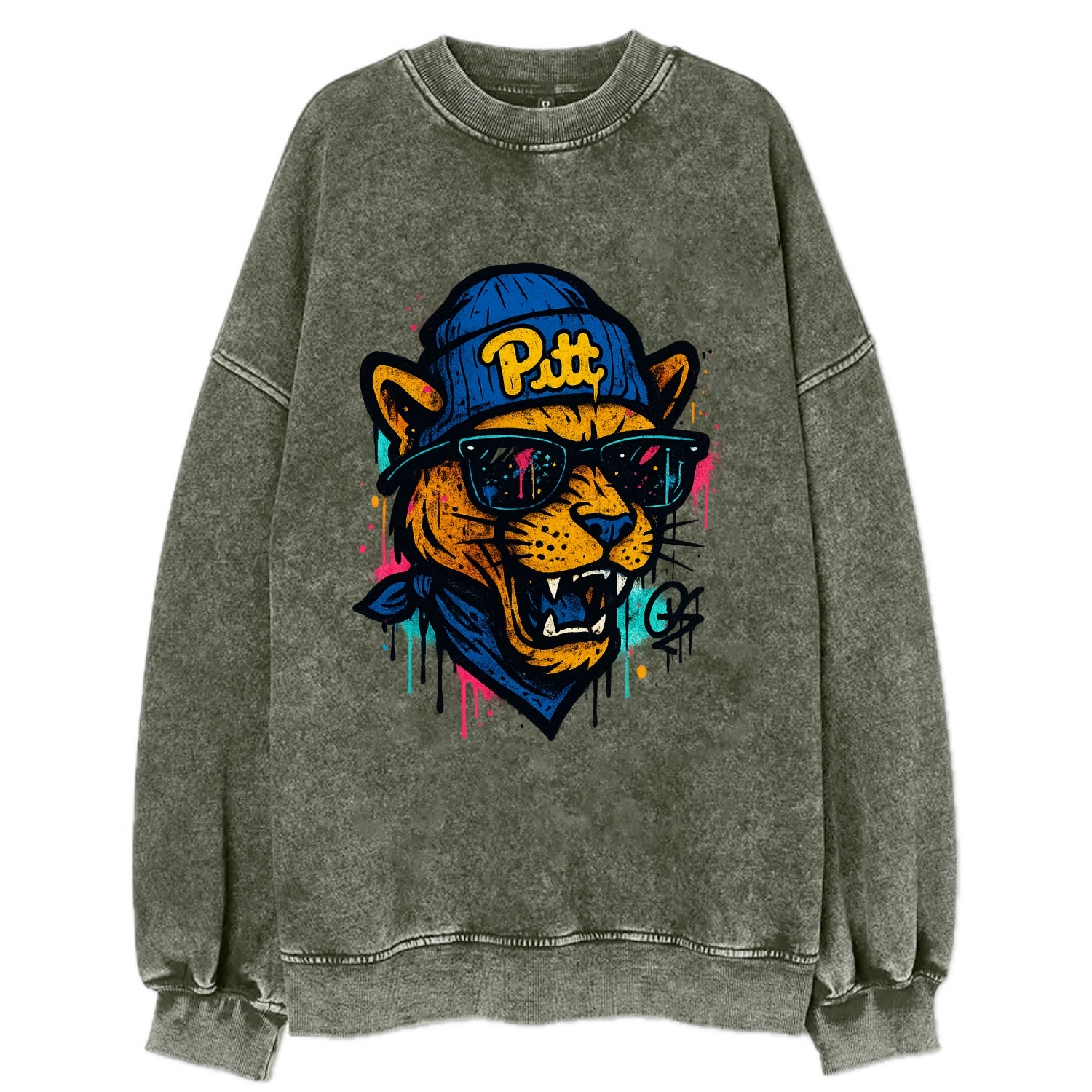 Pittsburgh Panther wearing Pitt beanie with script patch - Vintage Sweatshirt - Forest Mist(Green)