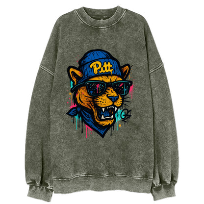 Pittsburgh Panther wearing Pitt beanie with script patch - Vintage Sweatshirt - Forest Mist(Green)