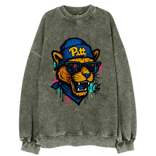Pittsburgh Panther wearing Pitt beanie with script patch - Vintage Sweatshirt - Forest Mist(Green)