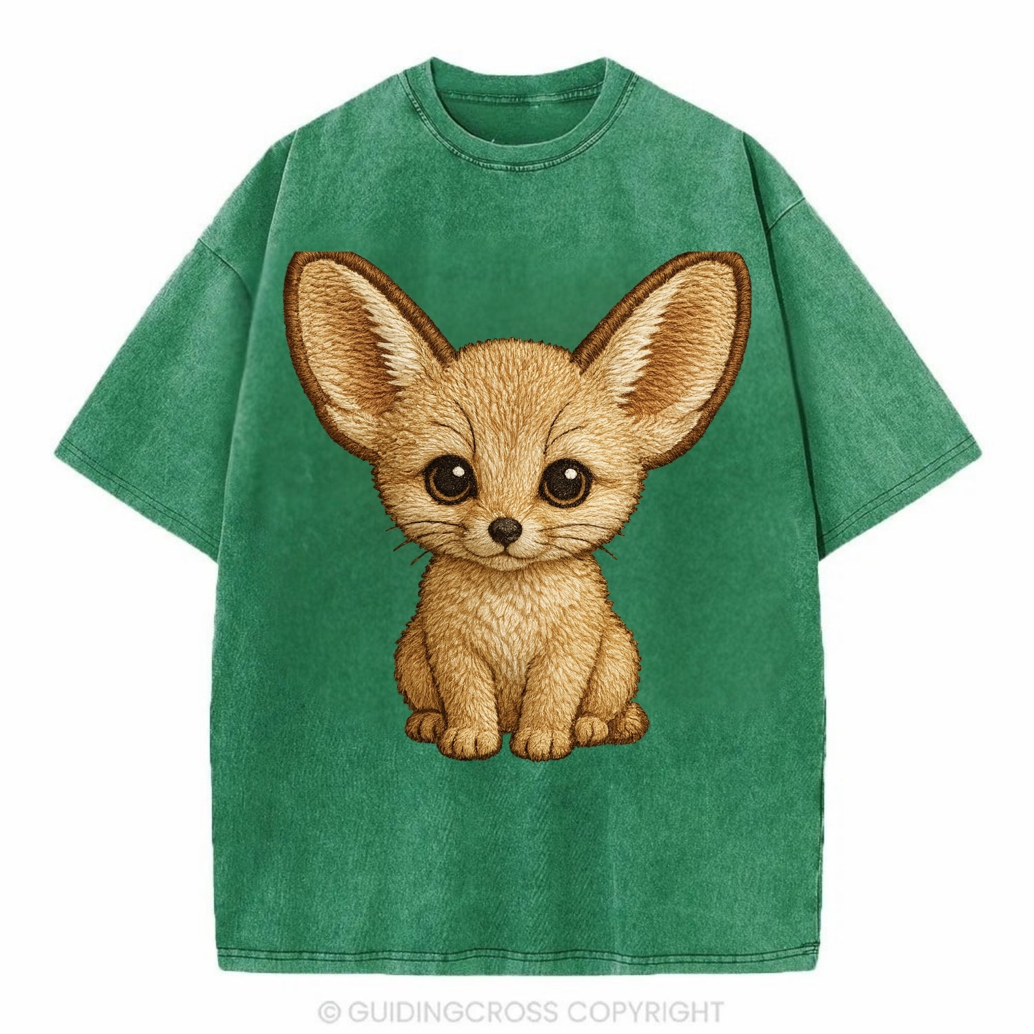 Baby Fennec Fox - huge ears, cream fur, large dark eyes, front-facing, desert baby - Vintage T-shirt - Forest Mist(Green)
