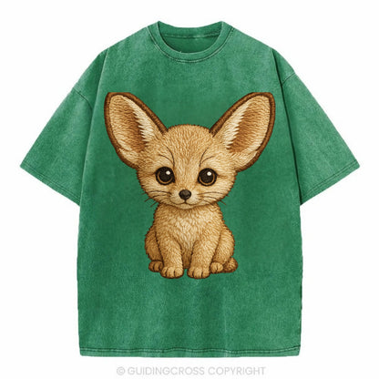 Baby Fennec Fox - huge ears, cream fur, large dark eyes, front-facing, desert baby - Vintage T-shirt - Forest Mist(Green)