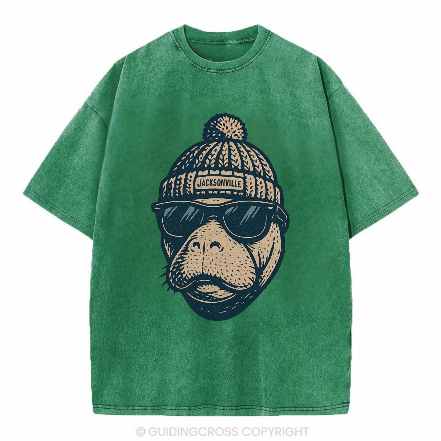 Jacksonville Manatee wearing Jacksonville beanie with pom pom and wayfarer - Vintage T-shirt - Forest Mist(Green)