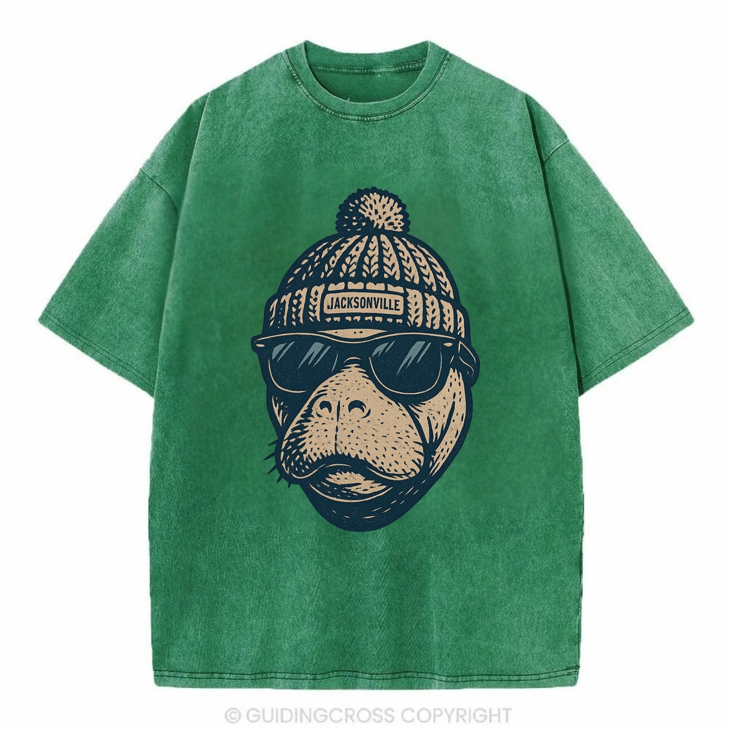 Jacksonville Manatee wearing Jacksonville beanie with pom pom and wayfarer - Vintage T-shirt - Forest Mist(Green)