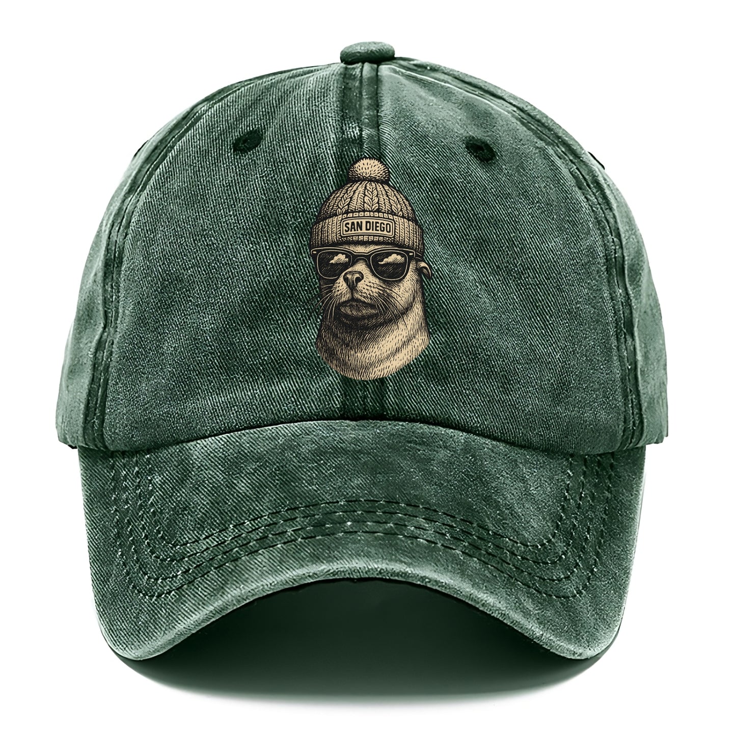 San Diego Sea Lion wearing San Diego beanie with pom pom and wayfarer sunglasses - Classic Cap - Forest Mist(Green)