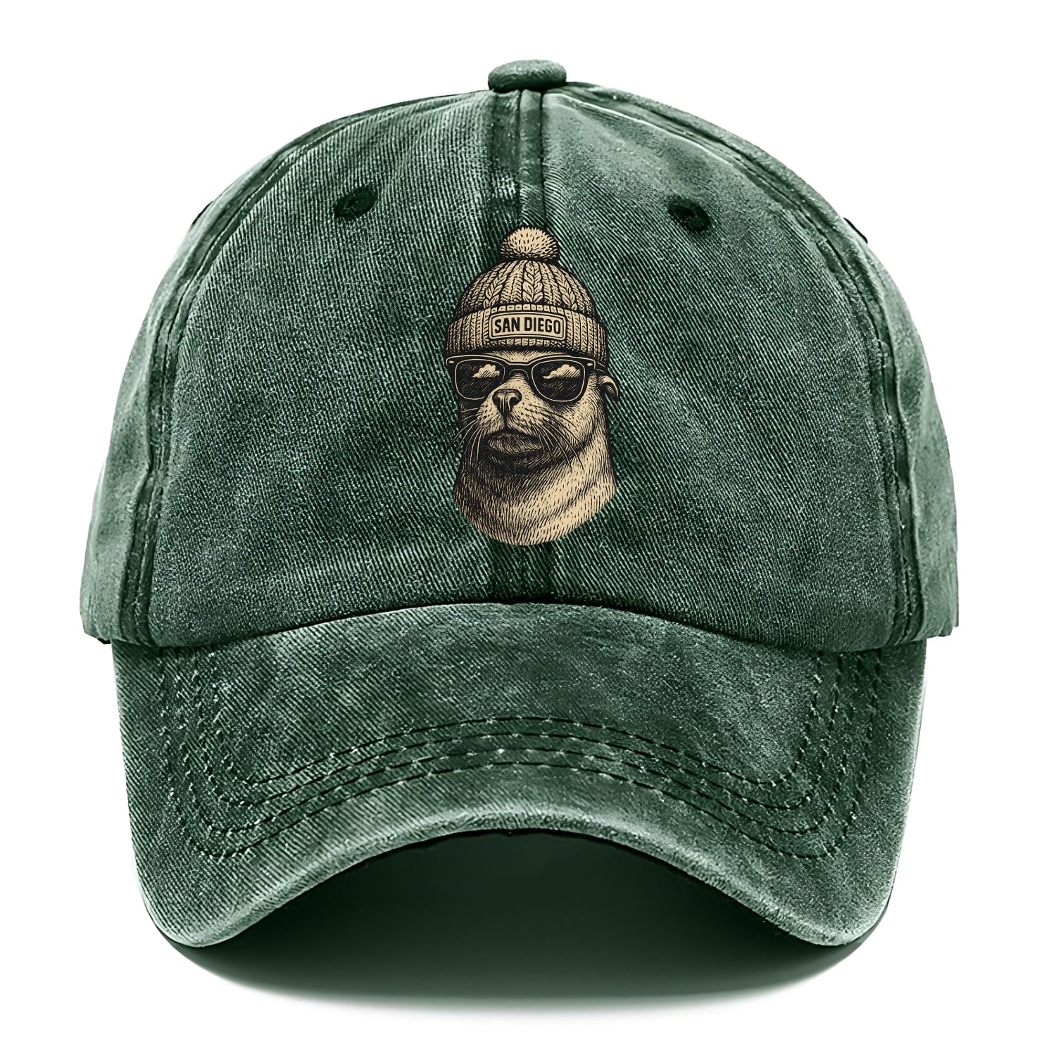 San Diego Sea Lion wearing San Diego beanie with pom pom and wayfarer sunglasses - Classic Cap - Forest Mist(Green)