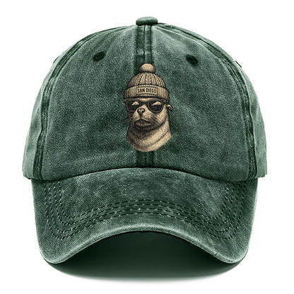 San Diego Sea Lion wearing San Diego beanie with pom pom and wayfarer sunglasses - Classic Cap - Forest Mist(Green)