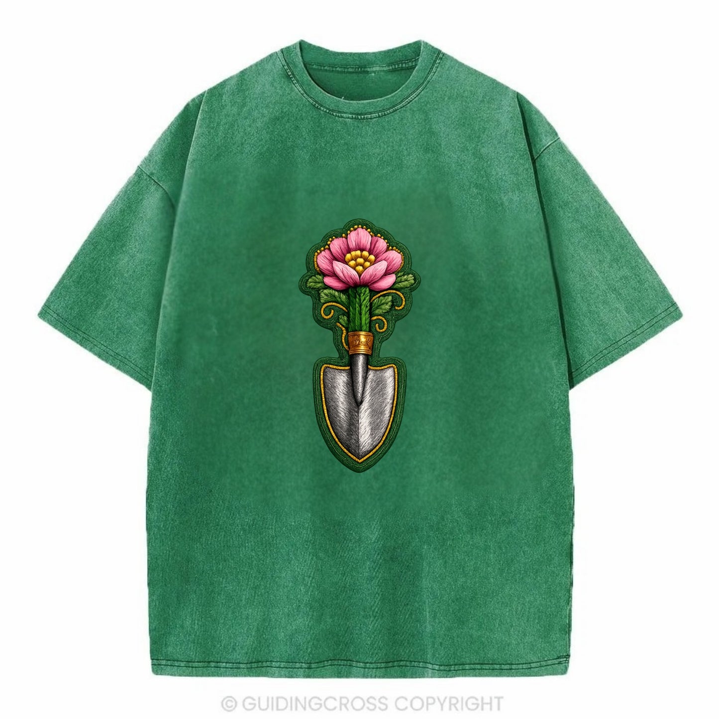 Embroidered patch design - GARDENING TROWEL FLOWER - garden tool with blooming - Vintage T-shirt - Forest Mist(Green)