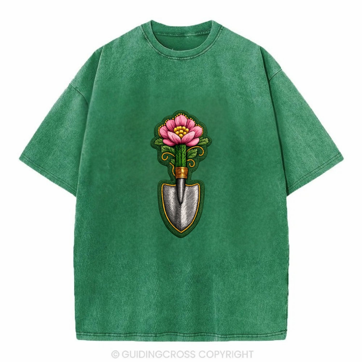 Embroidered patch design - GARDENING TROWEL FLOWER - garden tool with blooming - Vintage T-shirt - Forest Mist(Green)