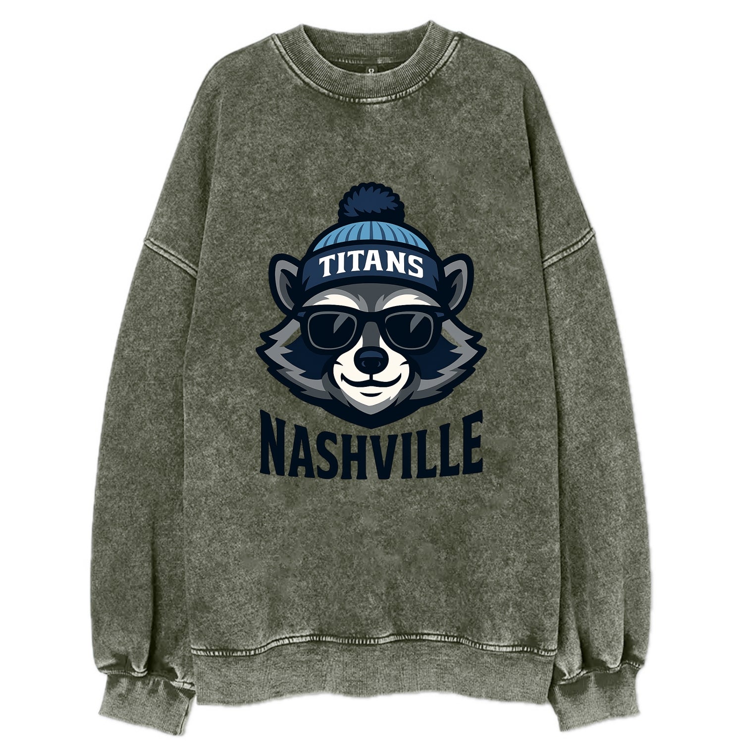 Nashville Raccoon wearing Titans navy and light blue beanie with pom pom and - Vintage Sweatshirt - Forest Mist(Green)