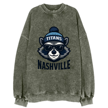 Nashville Raccoon wearing Titans navy and light blue beanie with pom pom and - Vintage Sweatshirt - Forest Mist(Green)