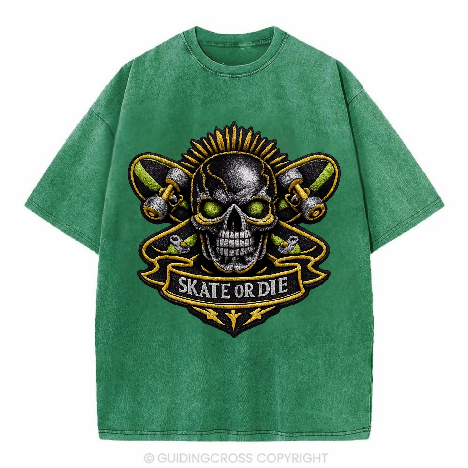 Embroidered patch design - SKATEBOARD SKULL - skull with skateboard in black and - Vintage T-shirt - Forest Mist(Green)