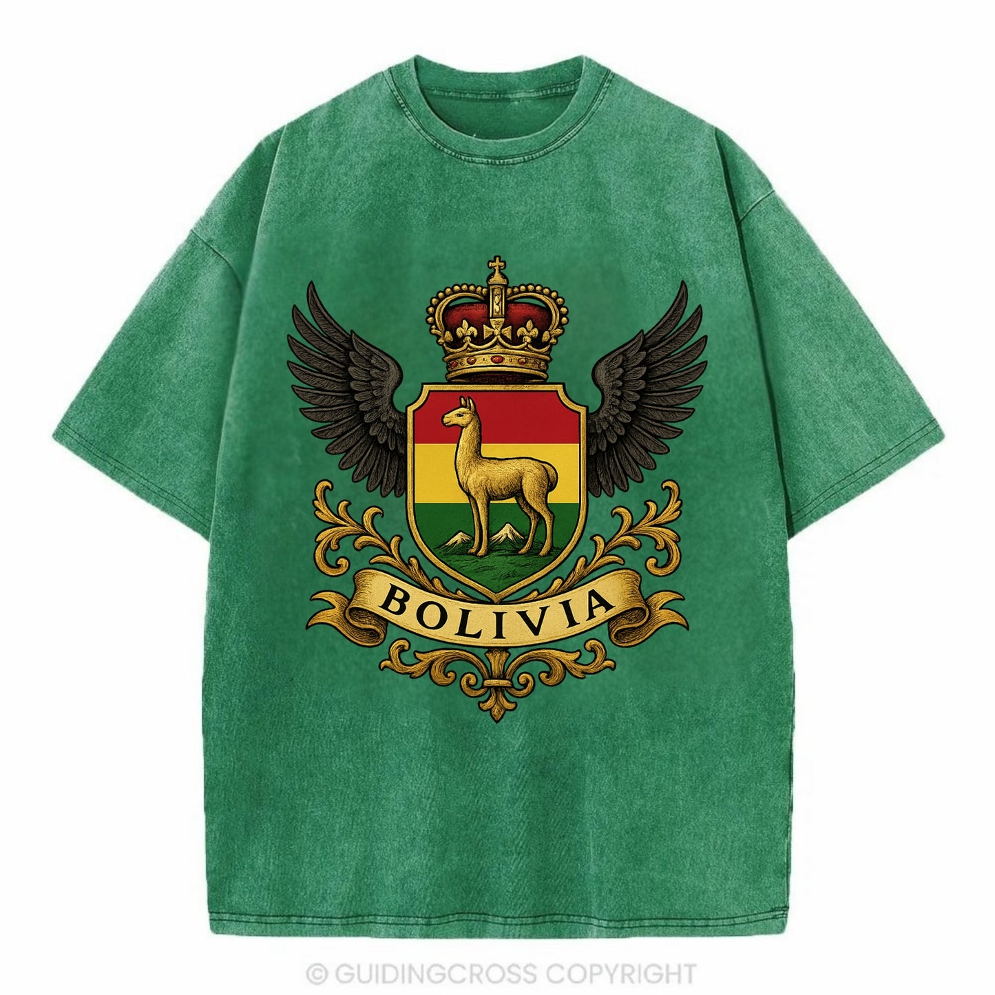Bolivia Llama Emblem  - Vintage T-shirt - Forest Mist(Green)