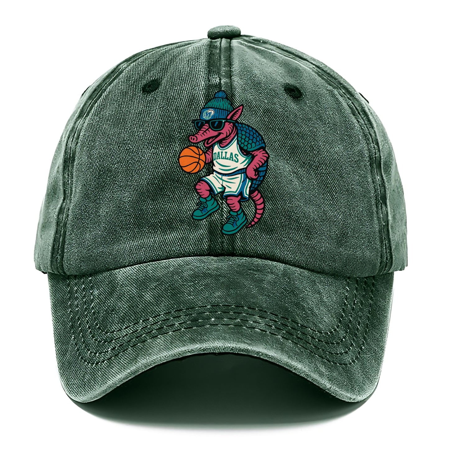 Dallas Armadillo wearing Mavericks beanie with cowboy hat patch and wayfarer - Classic Cap - Forest Mist(Green)
