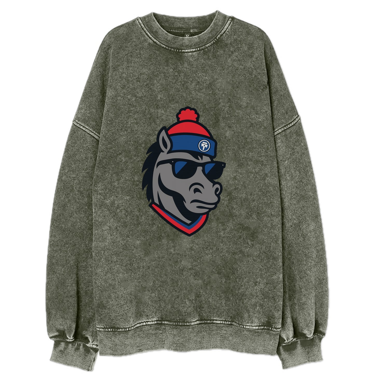Detroit Stallion wearing Pistons red and blue beanie with piston patch and - Vintage Sweatshirt - Forest Mist(Green)