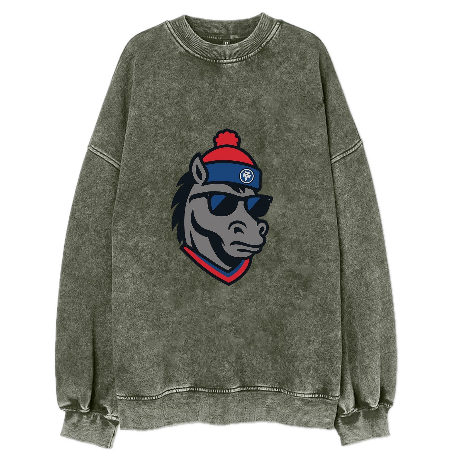 Detroit Stallion wearing Pistons red and blue beanie with piston patch and - Vintage Sweatshirt - Forest Mist(Green)