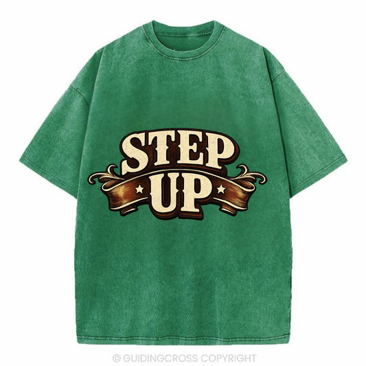 Bold typography design - "STEP UP" - rise to occasion, take charge - Vintage T-shirt - Forest Mist(Green)