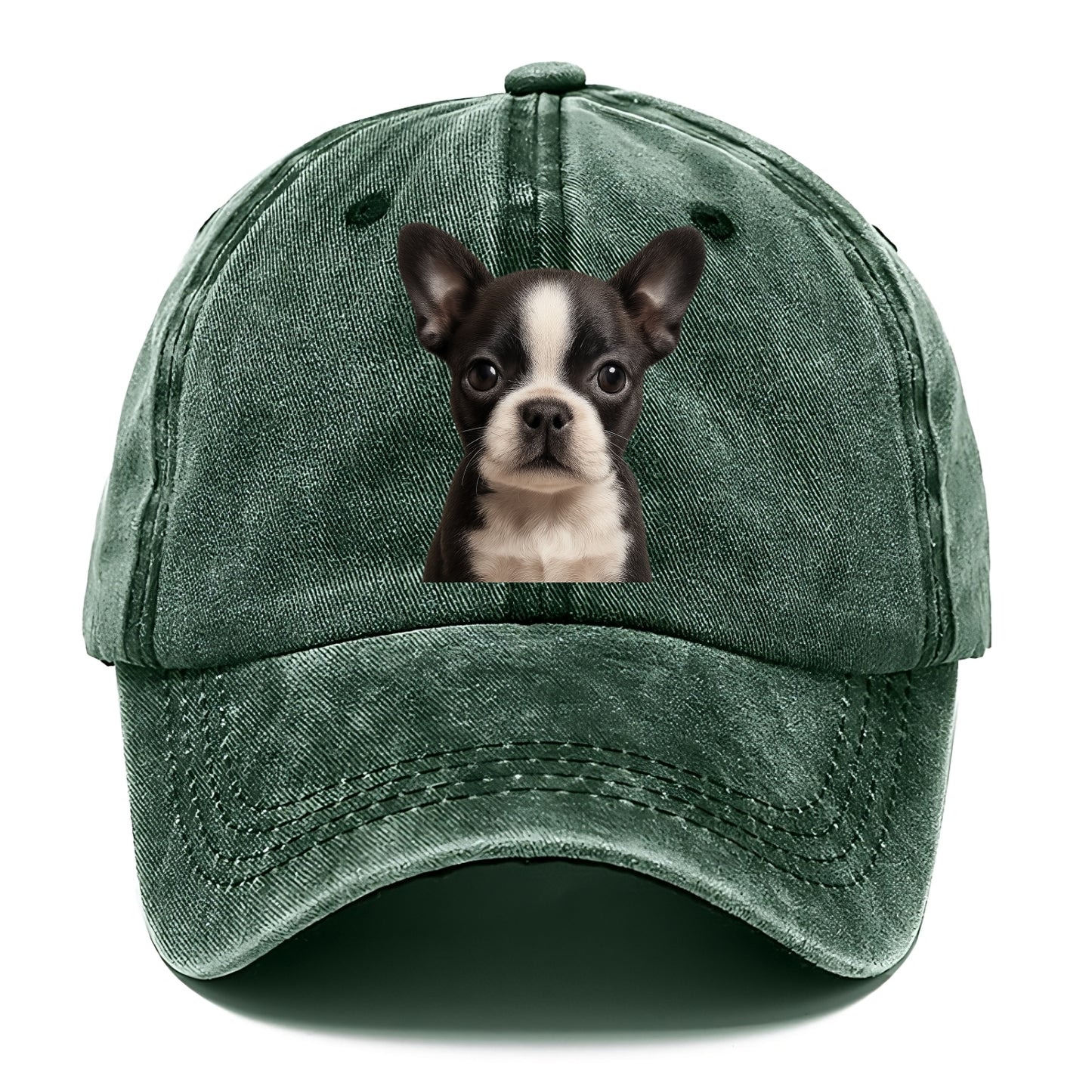 Baby Boston Terrier Puppy - tuxedo markings, big round eyes, bat ears, front-facing, - Classic Cap - Forest Mist(Green)