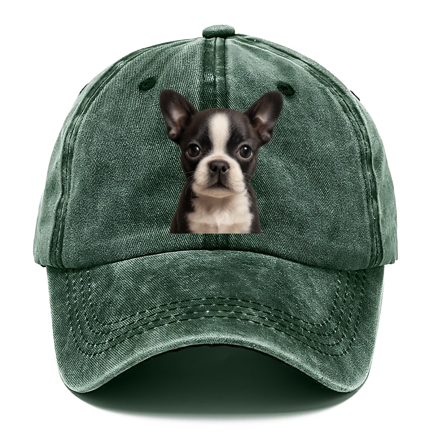Baby Boston Terrier Puppy - tuxedo markings, big round eyes, bat ears, front-facing, - Classic Cap - Forest Mist(Green)