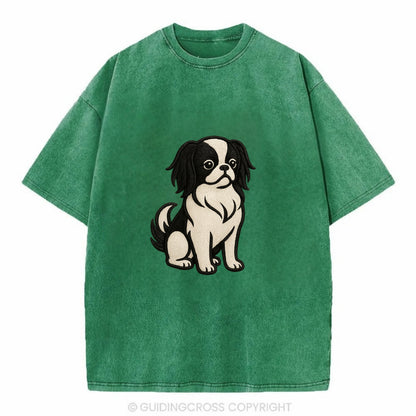 Japanese Chin - Black and white sitting Vintage T-shirt - Forest Mist(Green)