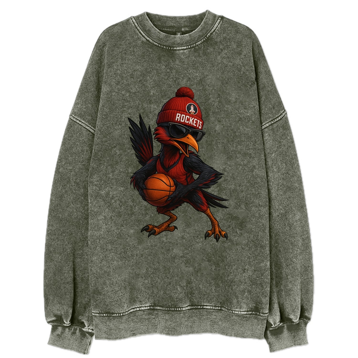 Houston Roadrunner wearing Rockets beanie with launch pad patch and wayfarer - Vintage Sweatshirt - Forest Mist(Green)