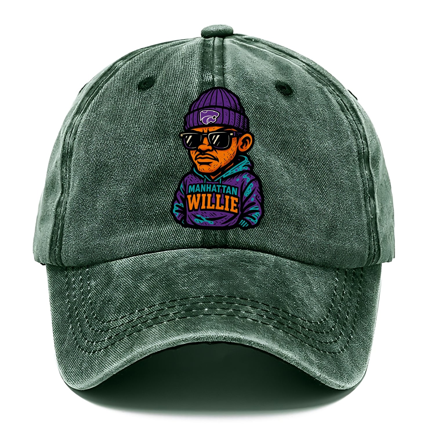 Manhattan Willie wearing Kansas State beanie with powercat patch - Classic Cap - Forest Mist(Green)