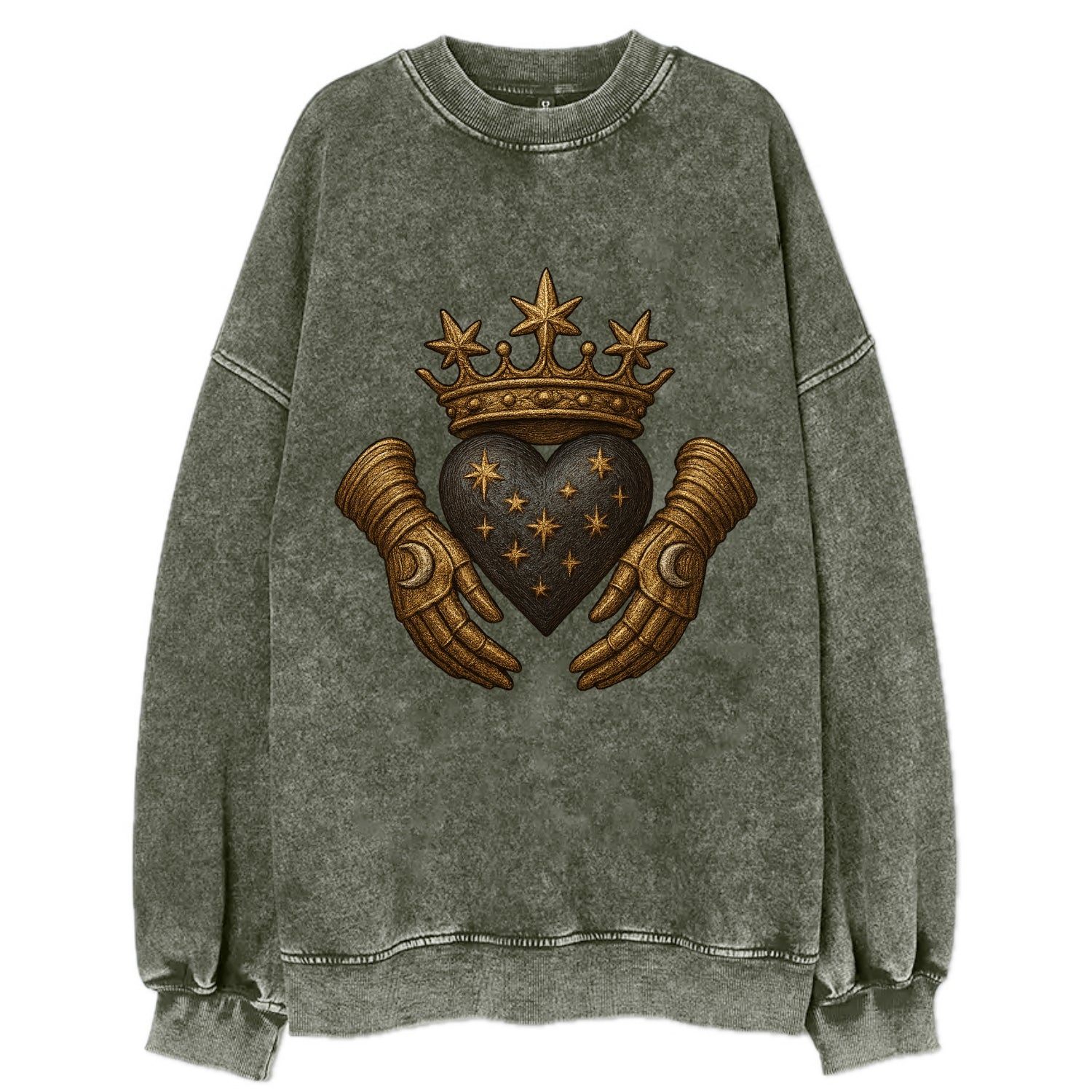 Ice crystal crown framing a frosted heart with fur-trimmed winter hands - Vintage Sweatshirt - Forest Mist(Green)