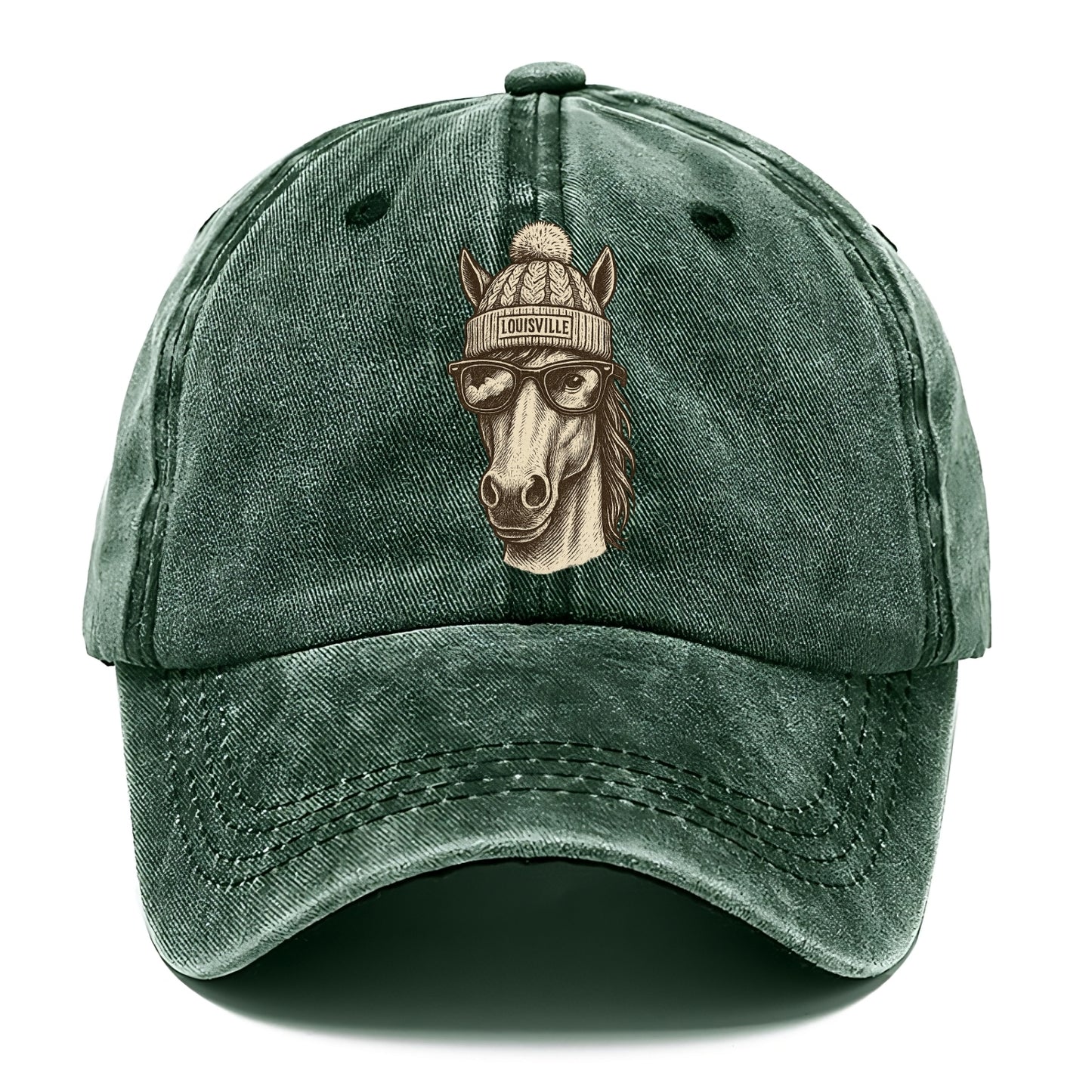 Kentucky Thoroughbred Horse wearing Louisville beanie with pom pom and wayfarer - Classic Cap - Forest Mist(Green)