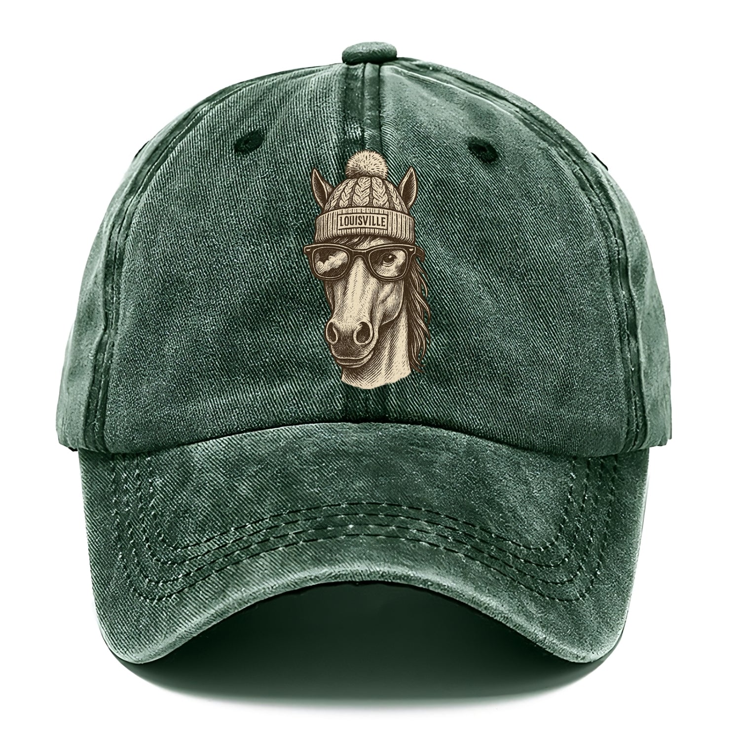 Kentucky Thoroughbred Horse wearing Louisville beanie with pom pom and wayfarer - Classic Cap - Forest Mist(Green)