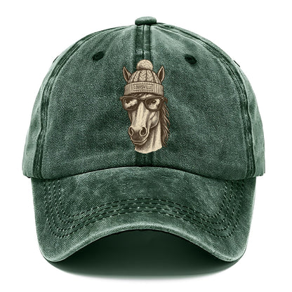 Kentucky Thoroughbred Horse wearing Louisville beanie with pom pom and wayfarer - Classic Cap - Forest Mist(Green)
