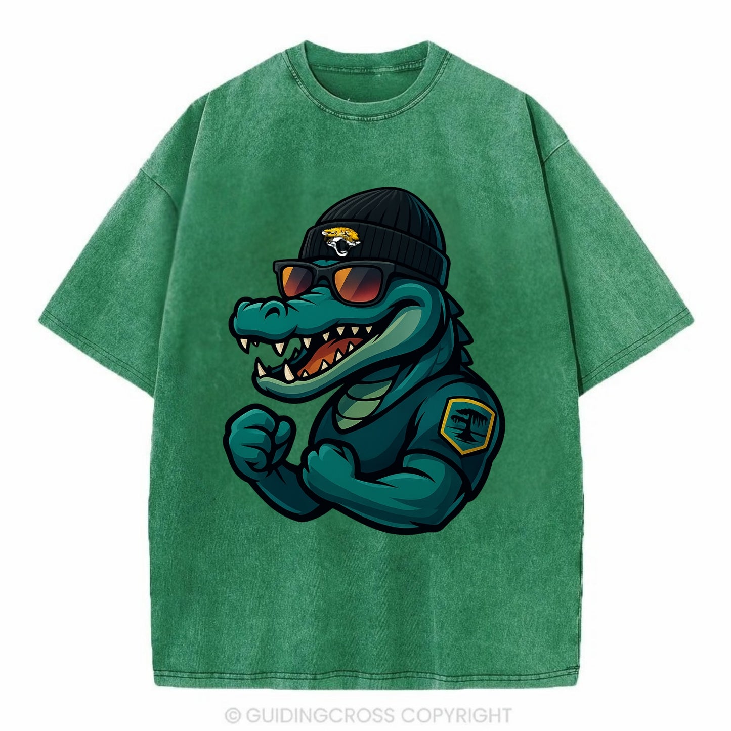 Jacksonville Alligator wearing Jaguars beanie with swamp patch and wayfarer - Vintage T-shirt - Forest Mist(Green)