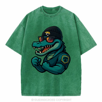 Jacksonville Alligator wearing Jaguars beanie with swamp patch and wayfarer - Vintage T-shirt - Forest Mist(Green)