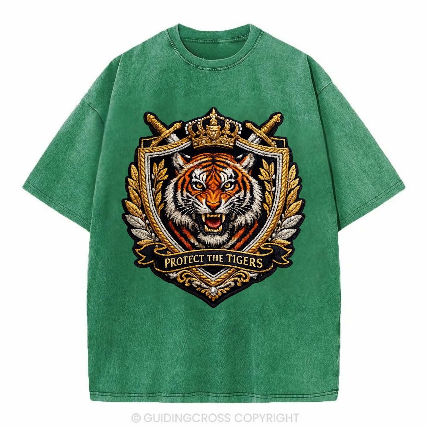 PROTECT THE TIGERS - tiger with shield in orange , big cat conservation - Vintage T-shirt - Forest Mist(Green)
