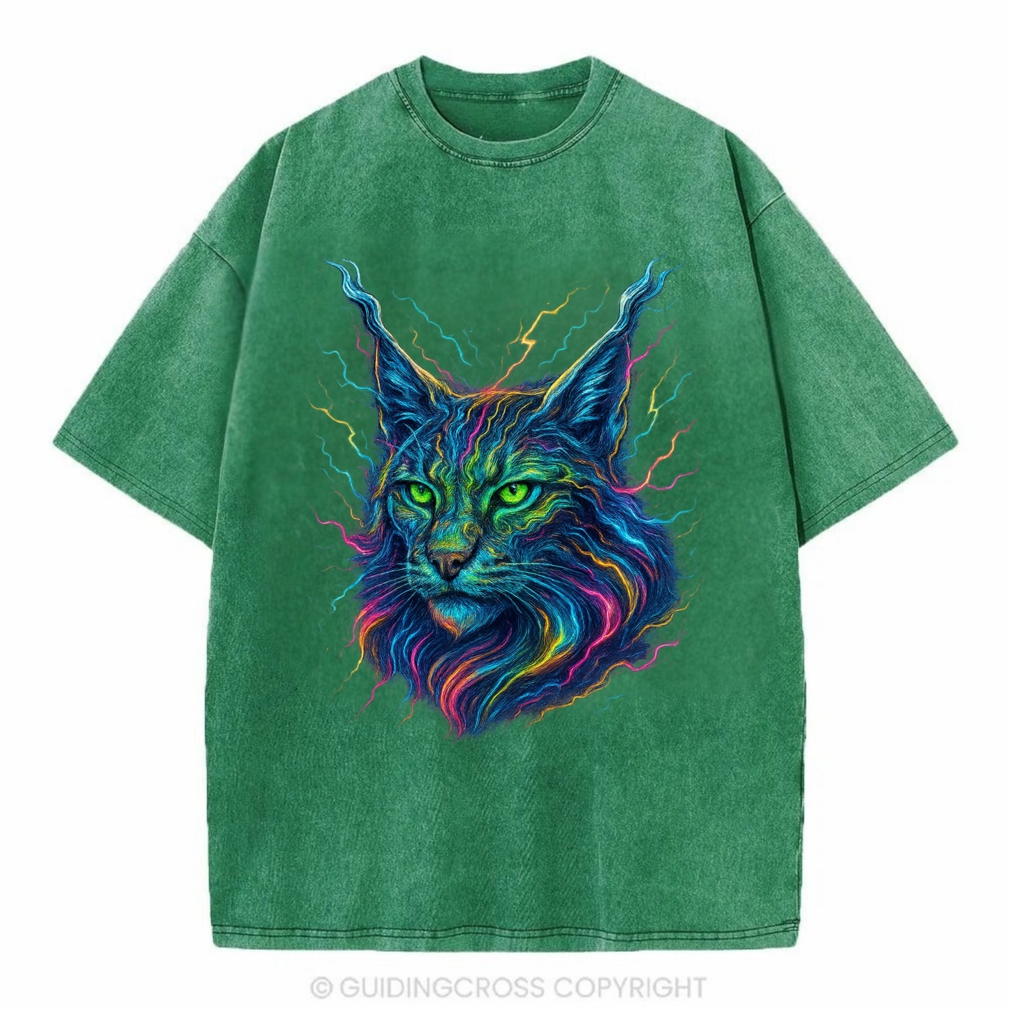 Wild lynx with ear tufts transforming into liquid mercury flows, silver and gold - Vintage T-shirt - Forest Mist(Green)