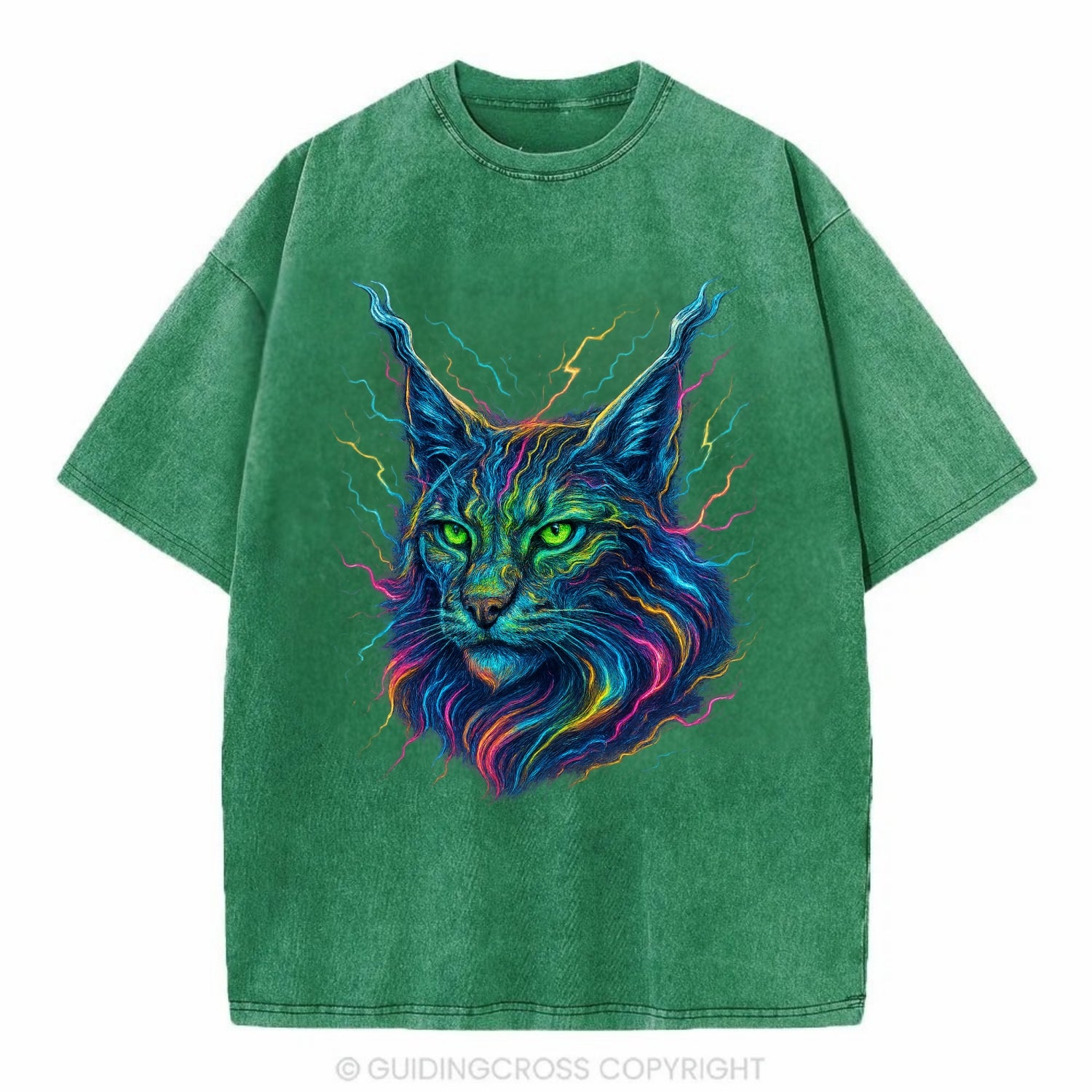 Wild lynx with ear tufts transforming into liquid mercury flows, silver and gold - Vintage T-shirt - Forest Mist(Green)