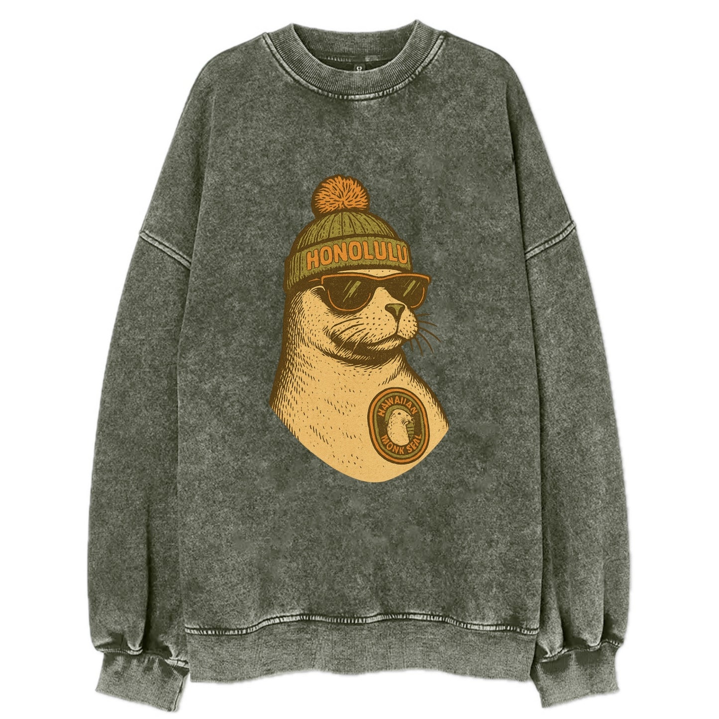 Hawaii Monk Seal wearing Honolulu beanie with pom pom and wayfarer sunglasses - Vintage Sweatshirt - Forest Mist(Green)