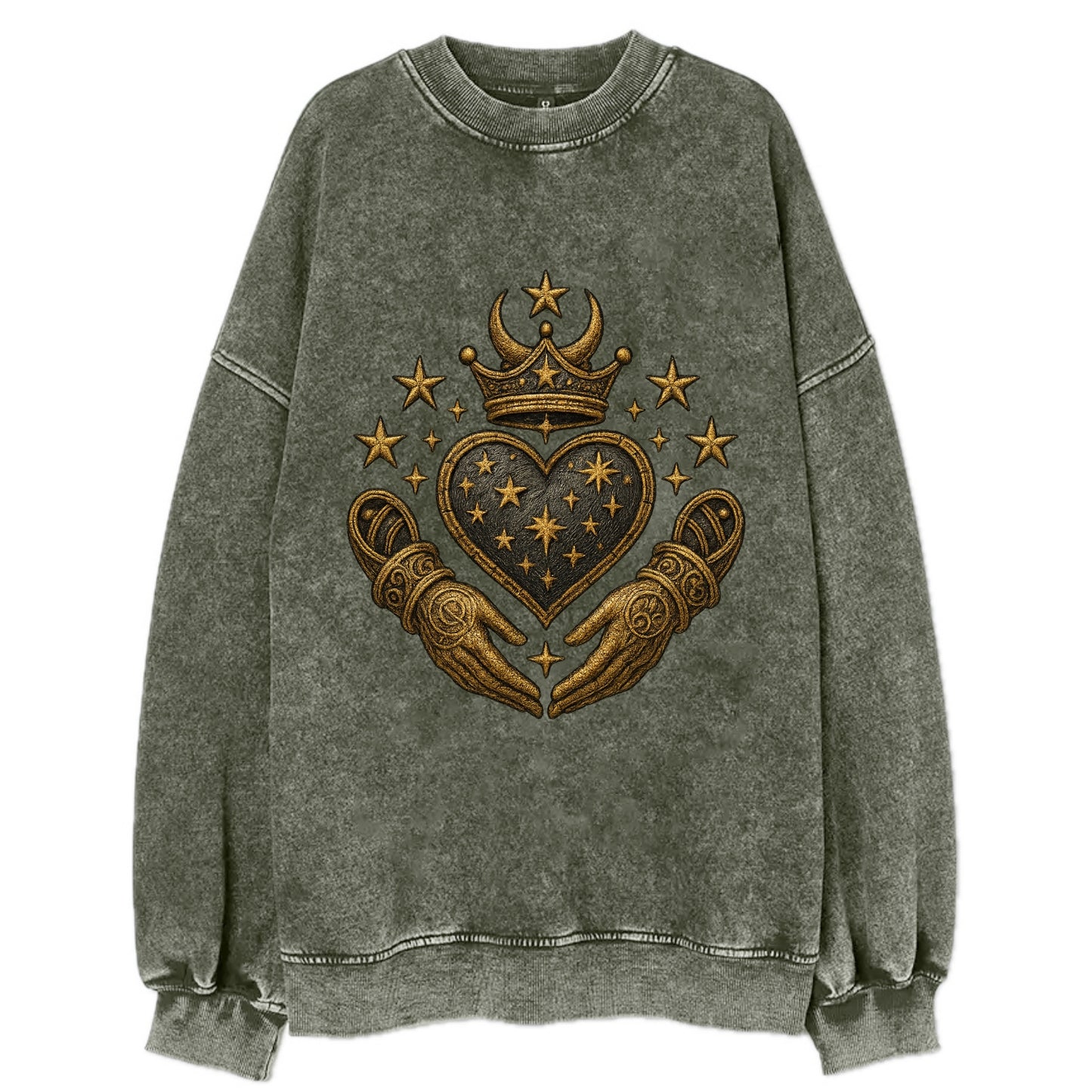 Weathered antique brass crown above a hammered gunmetal heart framed by - Vintage Sweatshirt - Forest Mist(Green)