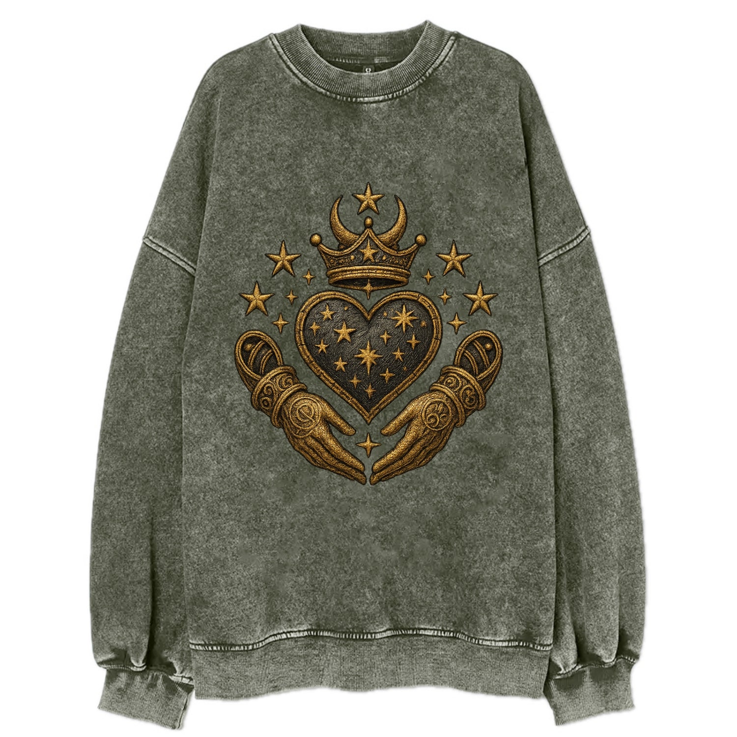 Weathered antique brass crown above a hammered gunmetal heart framed by - Vintage Sweatshirt - Forest Mist(Green)