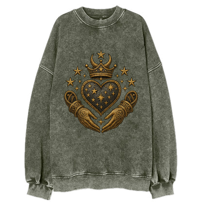 Weathered antique brass crown above a hammered gunmetal heart framed by - Vintage Sweatshirt - Forest Mist(Green)