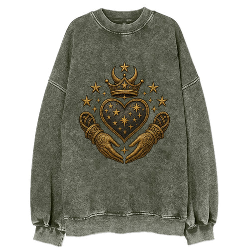 Weathered antique brass crown above a hammered gunmetal heart framed by - Vintage Sweatshirt
