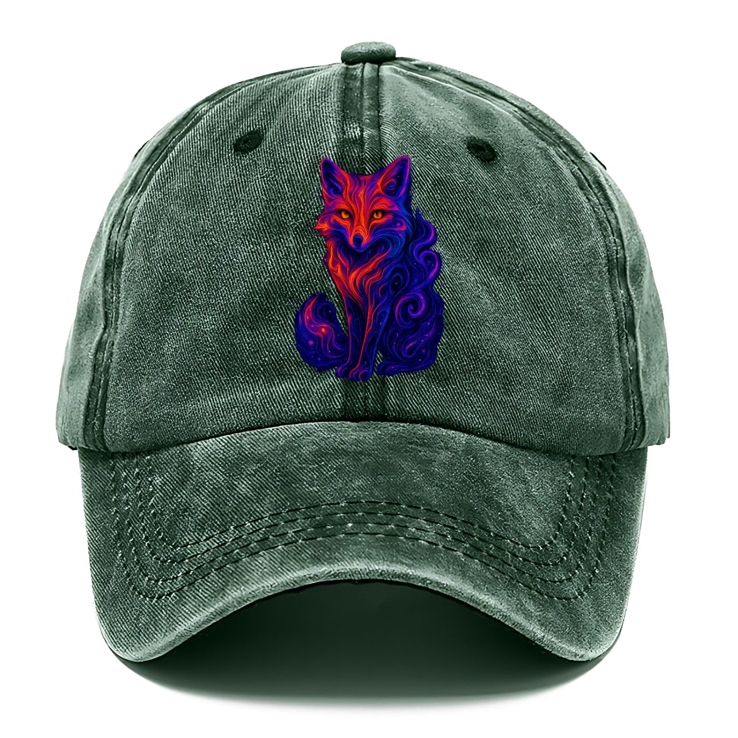 Clever fox with tail dissolving into cosmic nebula swirls, orange to purple gradient - Classic Cap - Forest Mist(Green)
