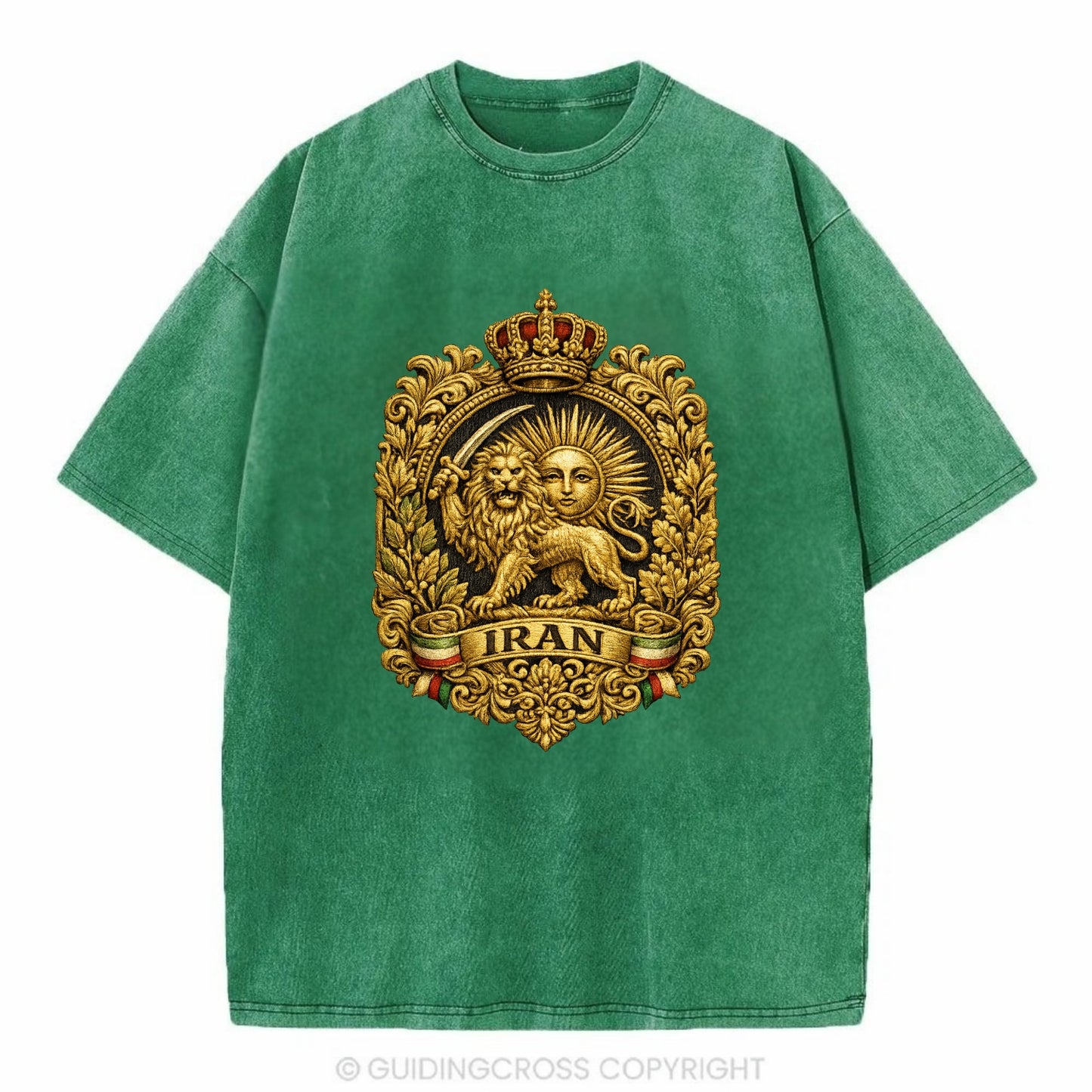 Iran Lion Sun Badge - Vintage T-shirt - Forest Mist(Green)