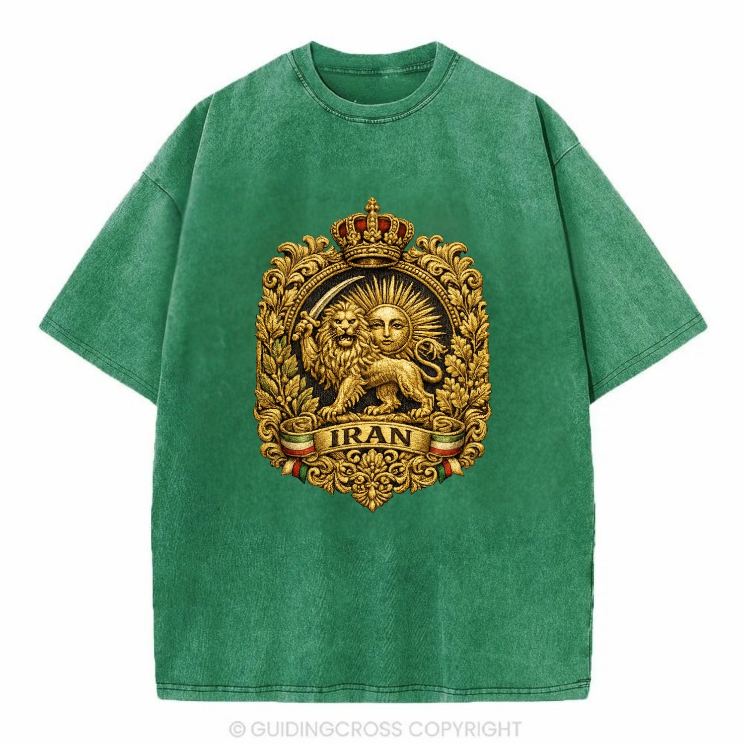 Iran Lion Sun Badge - Vintage T-shirt - Forest Mist(Green)