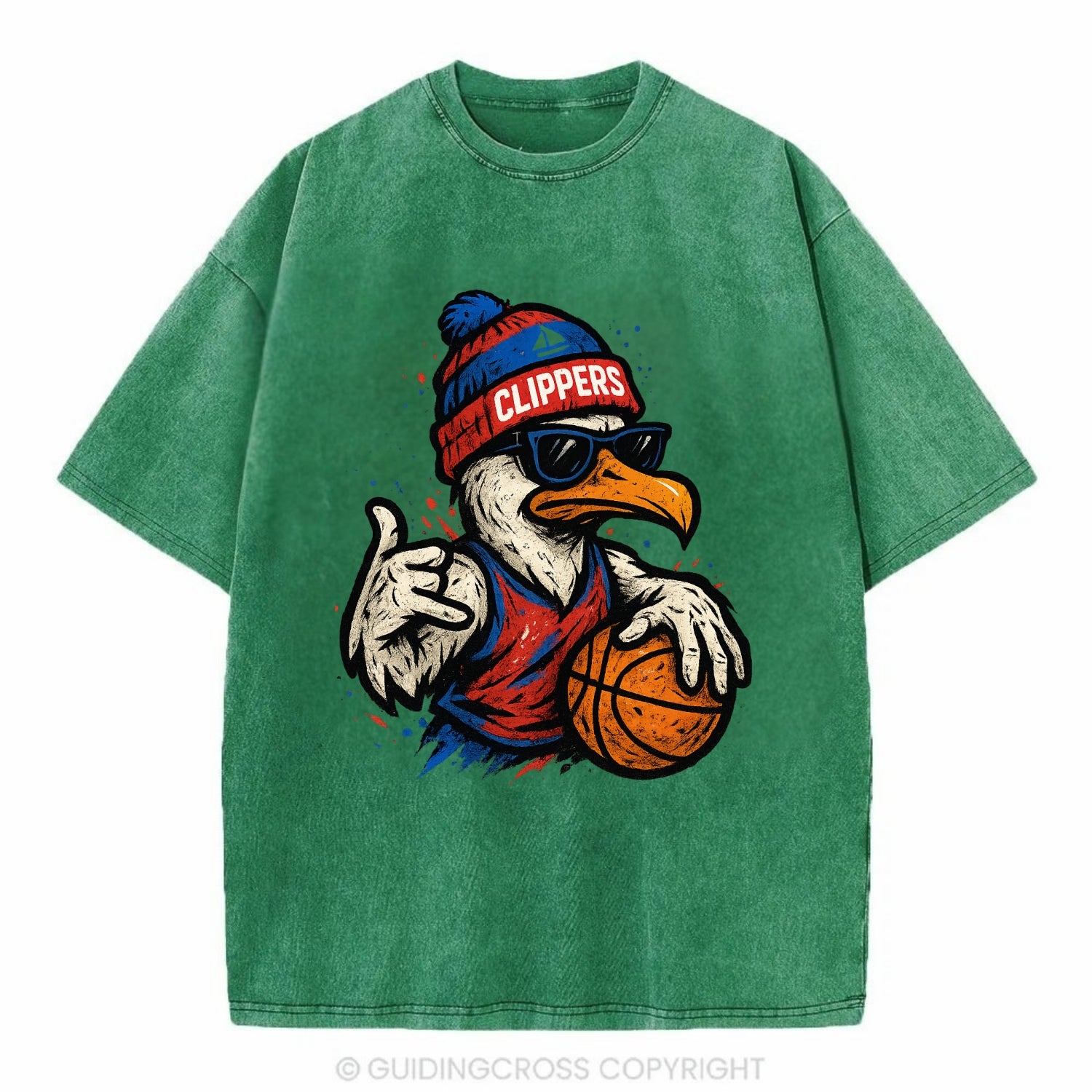 LA Seagull wearing Clippers red white and blue beanie with ship patch and - Vintage T-shirt - Forest Mist(Green)