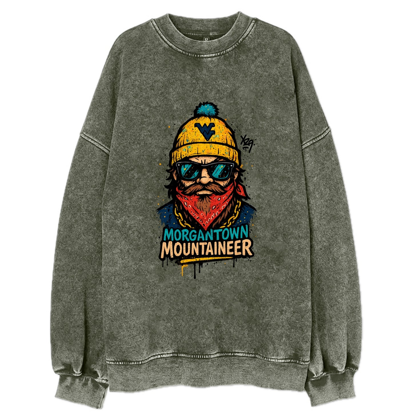 Morgantown Mountaineer wearing West Virginia beanie with WV patch - Vintage Sweatshirt - Forest Mist(Green)