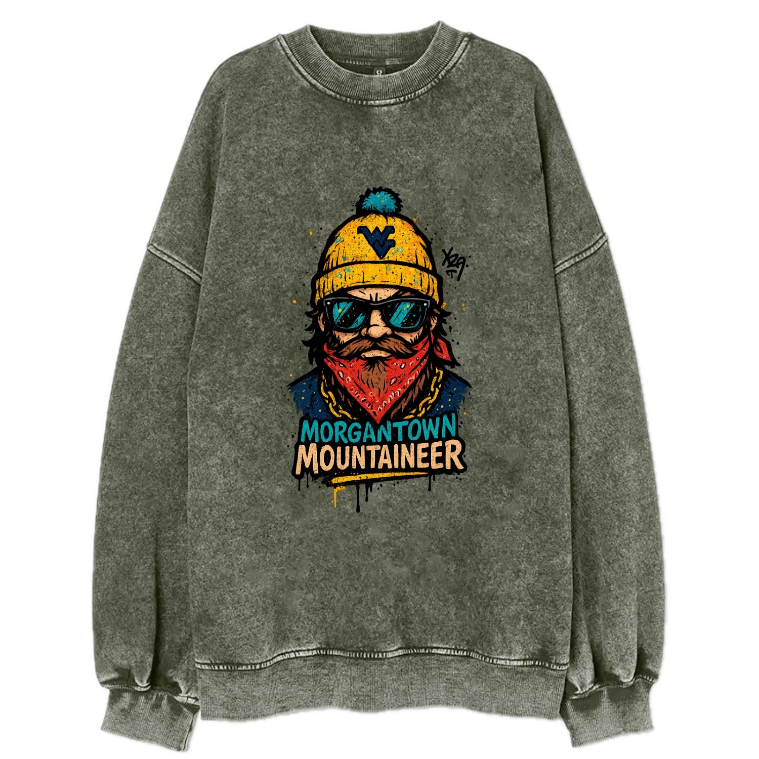 Morgantown Mountaineer wearing West Virginia beanie with WV patch - Vintage Sweatshirt - Forest Mist(Green)